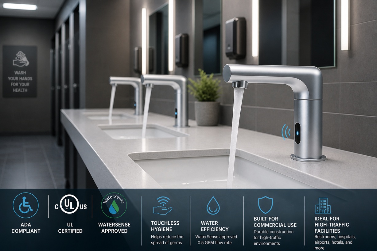 Commercial touchless sensor faucet in modern restroom